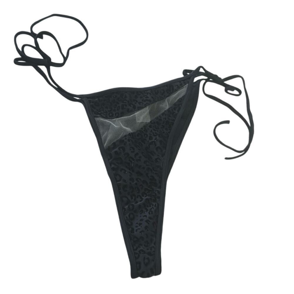 New God Save Queens thong bikini black velvet textured mesh sheer string ties